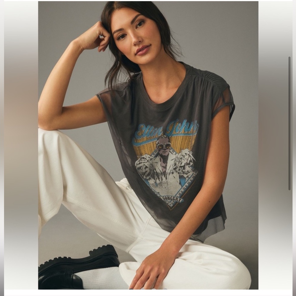 Anthropologie Pilcro Elton John Graphic Tee with Tulle Overlay